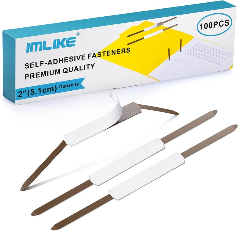 IMLIKE Self-Adhesive Prong Paper Fasteners - 100 PCS Metal File Fasteners, 2" Capacity, 2.75" Base for Paper Folder or Files, Brown - A Good Partner for Collecting Papers - Image 1